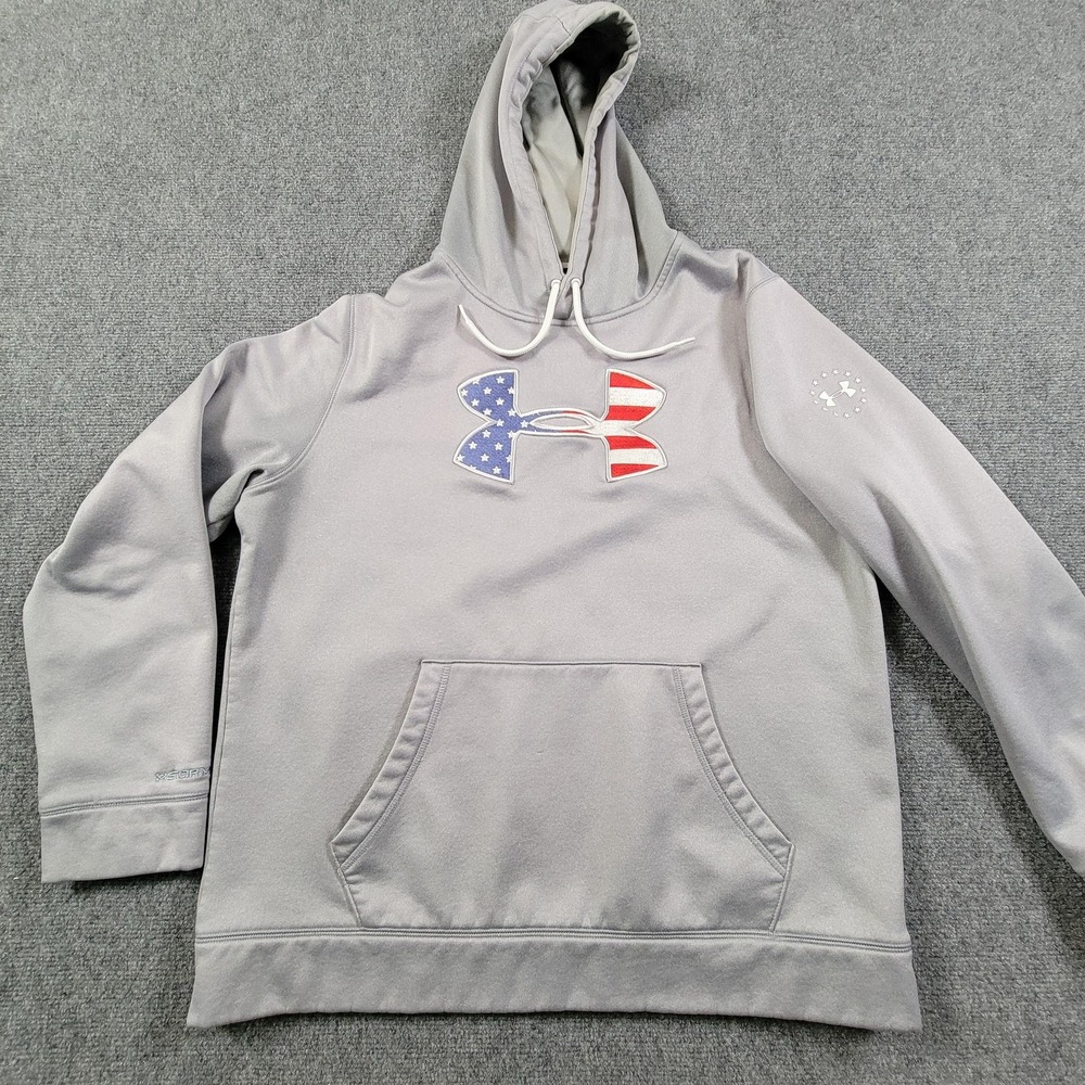 Under Armour Hoodie Mens Large Gray Storm USA Flag Logo Pullover Kangaroo Pocket